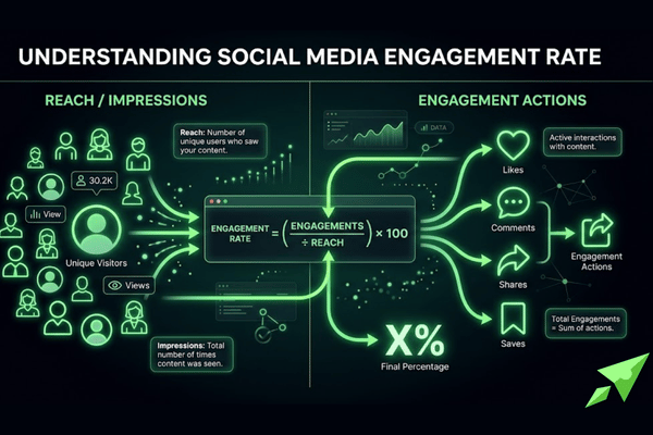 Diagram explaining social media engagement rate formula comparing interactions, reach, and percentage calculation