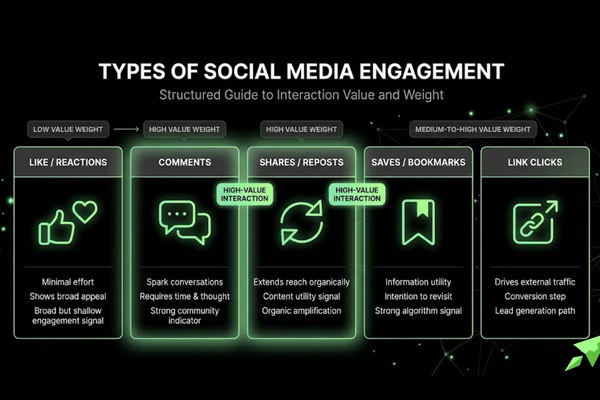 Types of social media engagement interactions including likes, comments, shares, saves, and clicks