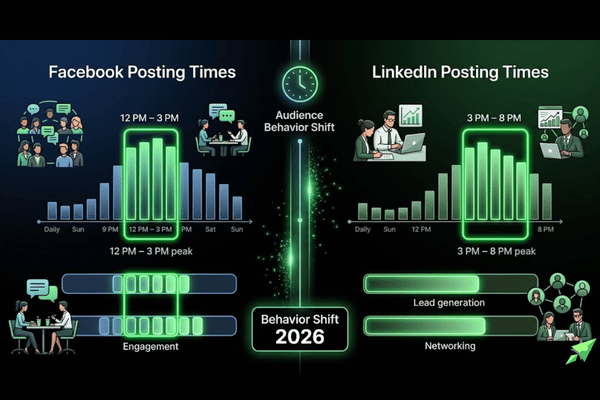Comparison of best posting times for Facebook and LinkedIn showing different engagement peak hours