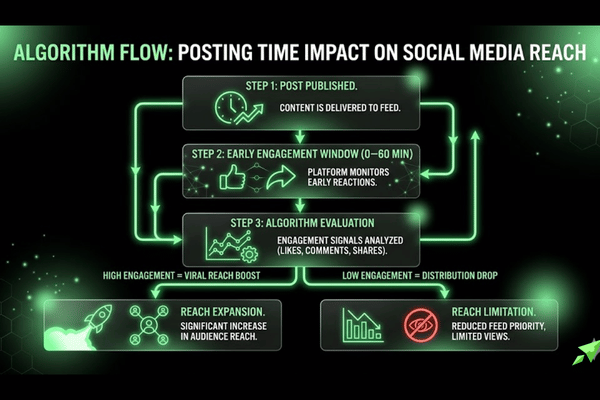 Social media algorithm showing how posting time affects early engagement and content reach distribution