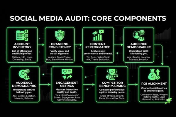 Core components included in a social media audit process