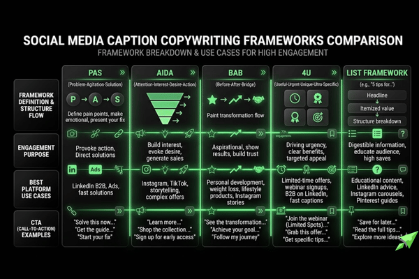 PAS AIDA BAB and List Framework comparison for social media captions PAS AIDA BAB and List Framework comparison for social media captions