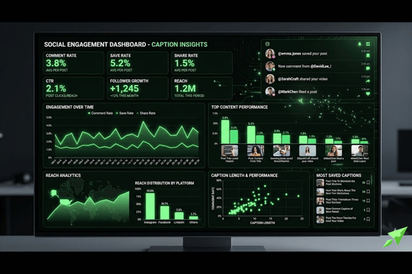 Social media caption performance analytics dashboard tracking saves comments shares and CTR Social media caption performance analytics dashboard tracking saves comments shares and CTR