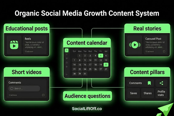 Organic social media growth content system with calendar videos and community posts