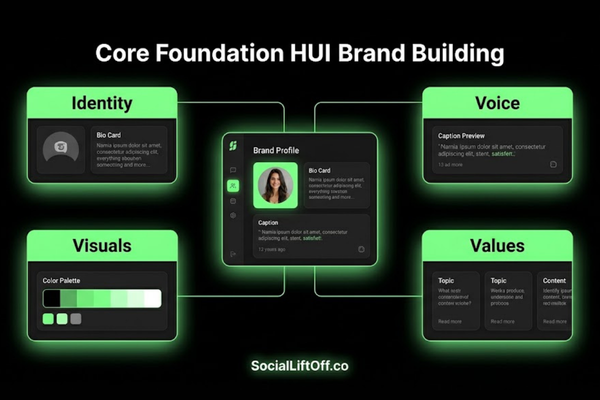 Social media brand building foundation with identity voice visuals and values