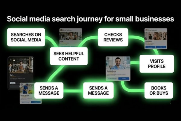 Social search journey showing how customers find small businesses on social platforms Social search journey showing how customers find small businesses on social platforms