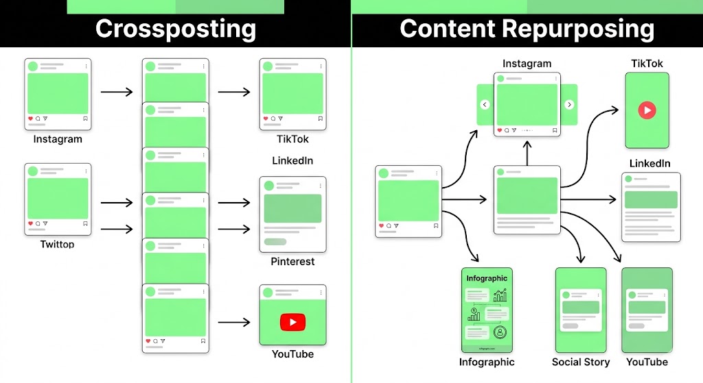 Content repurposing vs crossposting across social media platforms