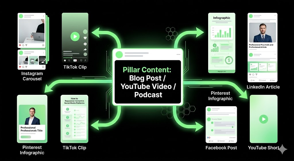 Content pillar system for repurposing one piece of content across social media platforms