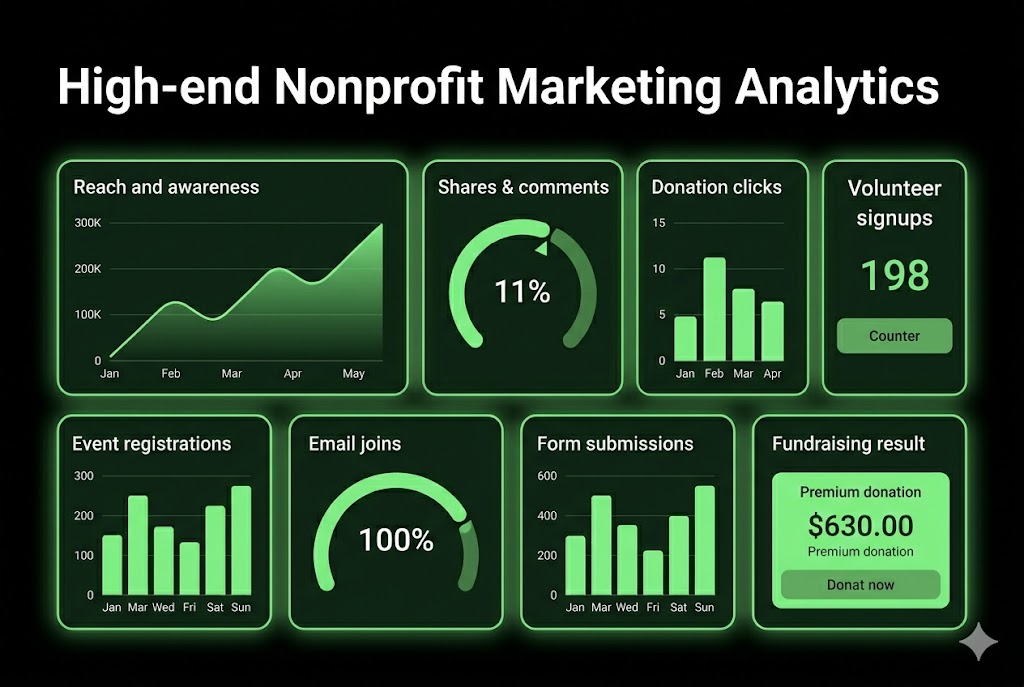 nonprofit social media analytics dashboard showing donations volunteer signups reach engagement and campaign results nonprofit social media analytics dashboard showing donations volunteer signups reach engagement and campaign results