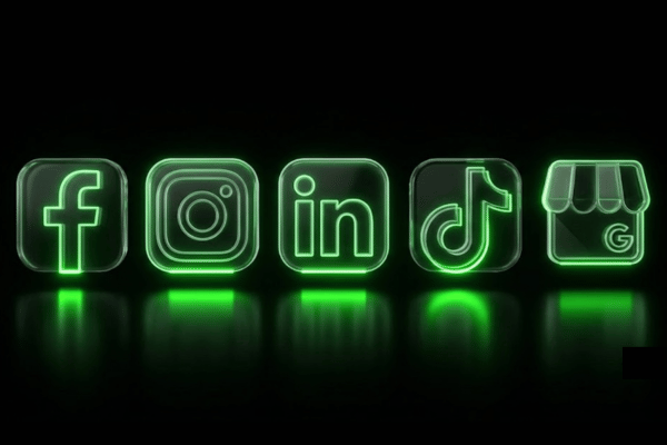 3D rendered, glowing neon green icons for Facebook, Instagram, LinkedIn, TikTok, and Google used for franchise marketing. 3D rendered, glowing neon green icons for Facebook, Instagram, LinkedIn, TikTok, and Google used for franchise marketing.