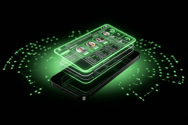 A futuristic smartphone displaying a dashboard for managing social media accounts across multiple franchise locations, in a black and neon green style. A futuristic smartphone displaying a dashboard for managing social media accounts across multiple franchise locations, in a black and neon green style.