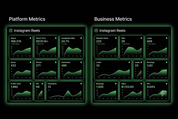 Instagram Reels performance dashboard showing reach, retention, saves, shares, leads, sales, and ROI Instagram Reels performance dashboard showing reach, retention, saves, shares, leads, sales, and ROI