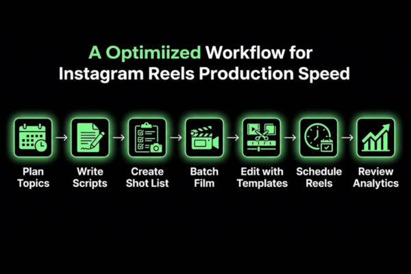Instagram Reels production workflow showing planning, scripting, filming, editing, scheduling, and analytics review Instagram Reels production workflow showing planning, scripting, filming, editing, scheduling, and analytics review
