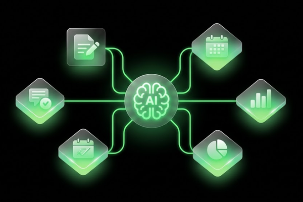 Infographic showing six manual social media tasks automated by AI including drafting, scheduling, and analytics Infographic showing six manual social media tasks automated by AI including drafting, scheduling, and analytics