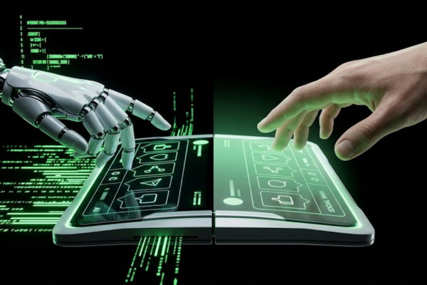 Comparison chart concept showing an AI robotic hand and a human hand managing social media engagement Comparison chart concept showing an AI robotic hand and a human hand managing social media engagement