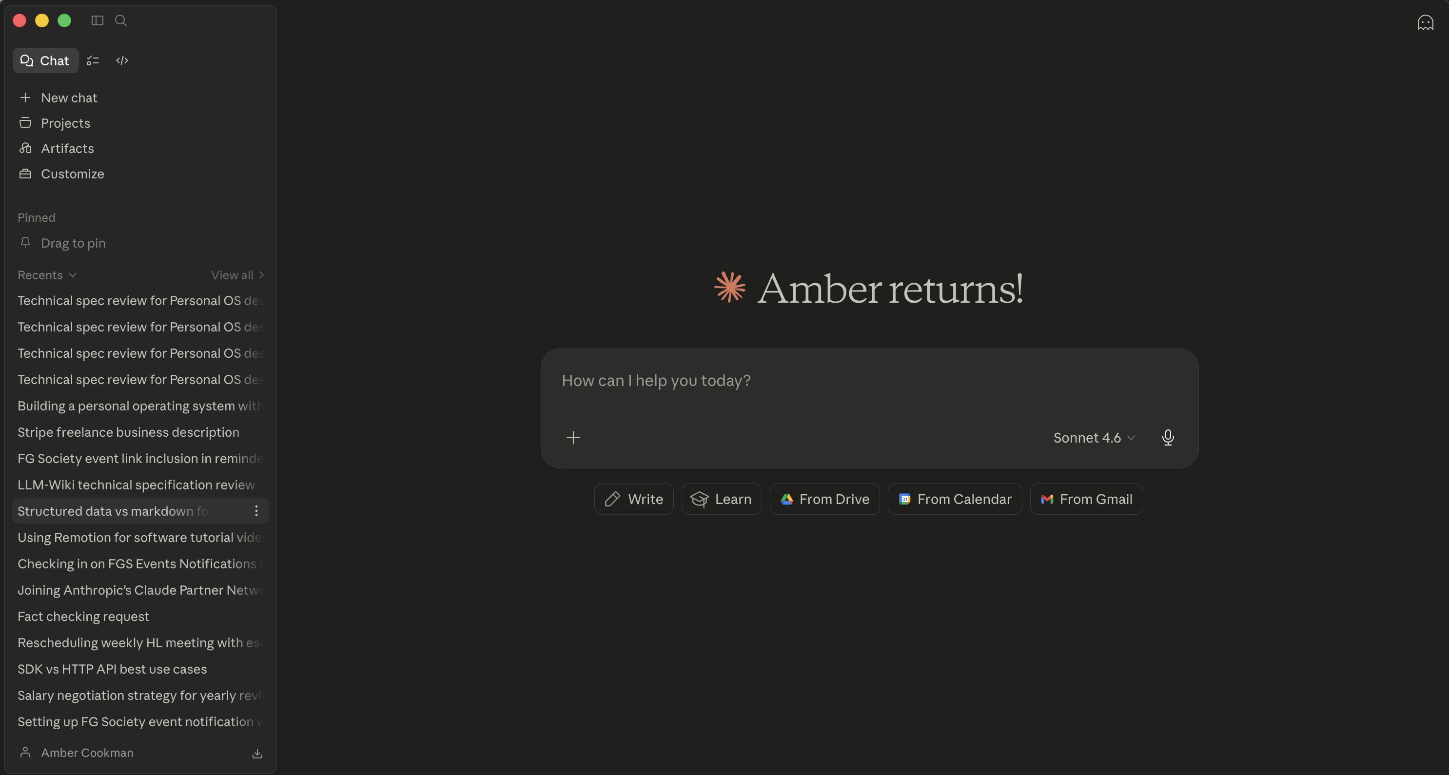 Screenshot of Claude desktop app in dark mode.