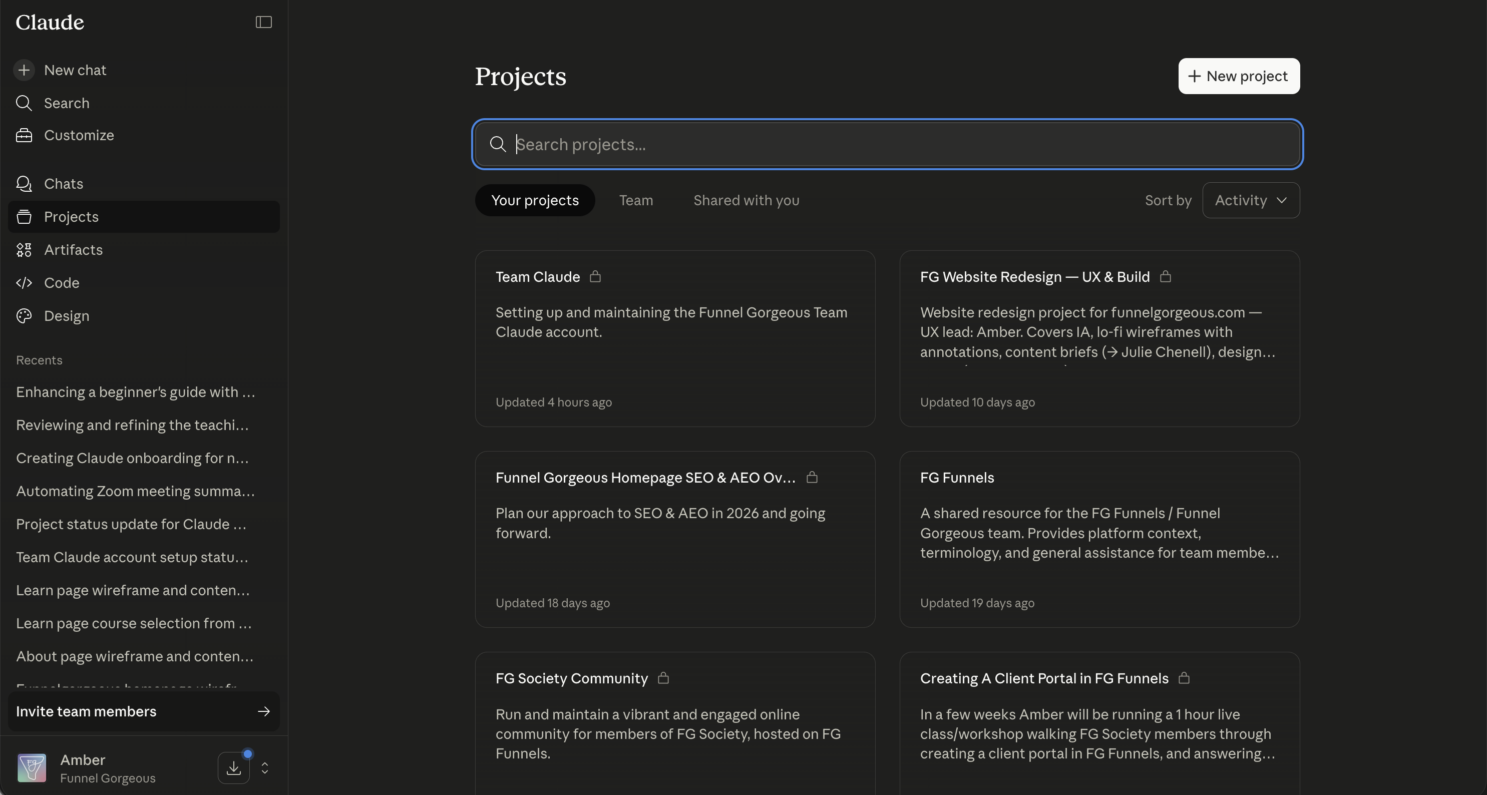Screenshot of the Projects screen inside of Claude on the web.