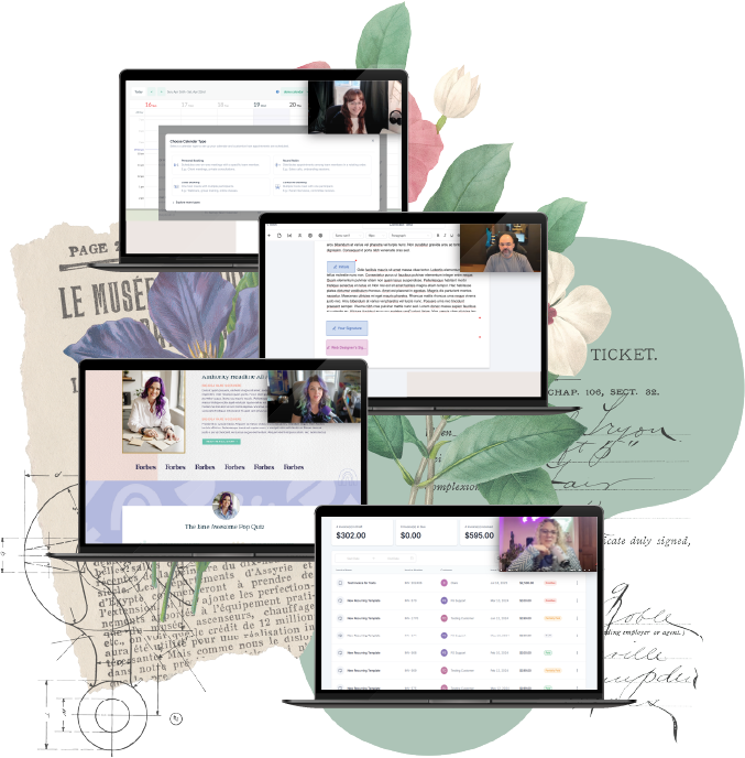 Multiple screens showing the FG Funnels platform, including a webinar page, a website builder, a pop-up form, and a revenue dashboard, layered in a collage with botanical illustrations and vintage paper.