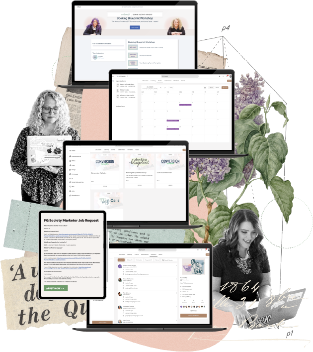 Julie on the left, and Cathy on the right, both browsing the FG Society platform on a laptop, with screens in between them showing a course dashboard, a calendar, and a booking blueprint workshop, surrounded by a botanical collage.