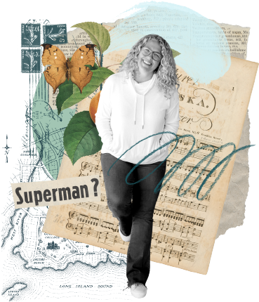 Julie Chenell, co-founder and strategist of Funnel Gorgeous, smiling and posed in a creative collage with botanical illustrations, sheet music, maps, and handwriting elements.
