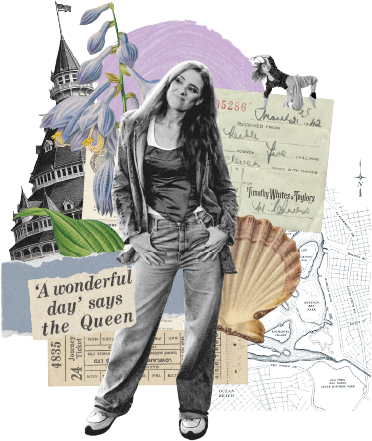 Cathy Olson, co-founder and creative director of Funnel Gorgeous, standing confidently in a collage with vintage newspaper clippings, shell, floral illustrations, and a coastal map.