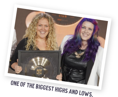 Julie and Cathy holding their ClickFunnels award together — one of the biggest highs and lows in the Funnel Gorgeous story.