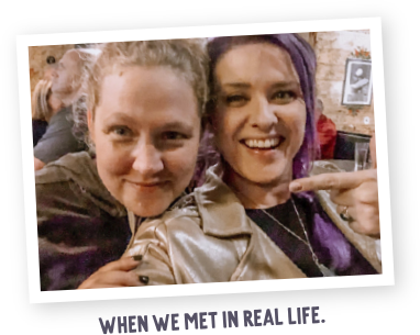Julie and Cathy smiling together at an in-person event — when they first met in real life.