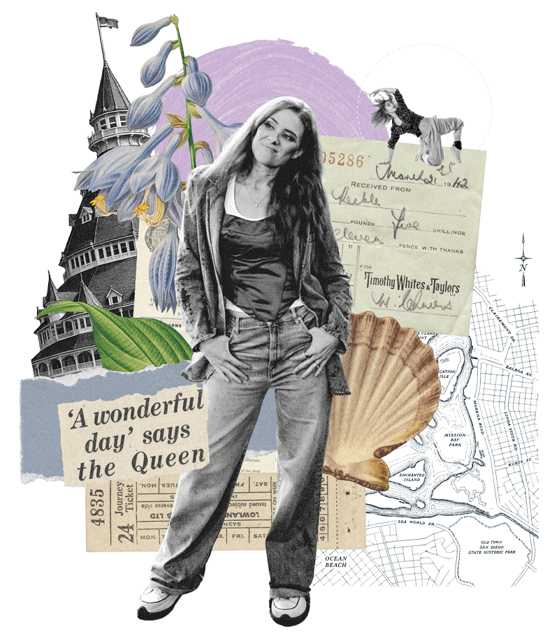 Cathy Olson, co-founder and creative director of Funnel Gorgeous, standing confidently in a collage with vintage newspaper clippings, shell, floral illustrations, and a coastal map.