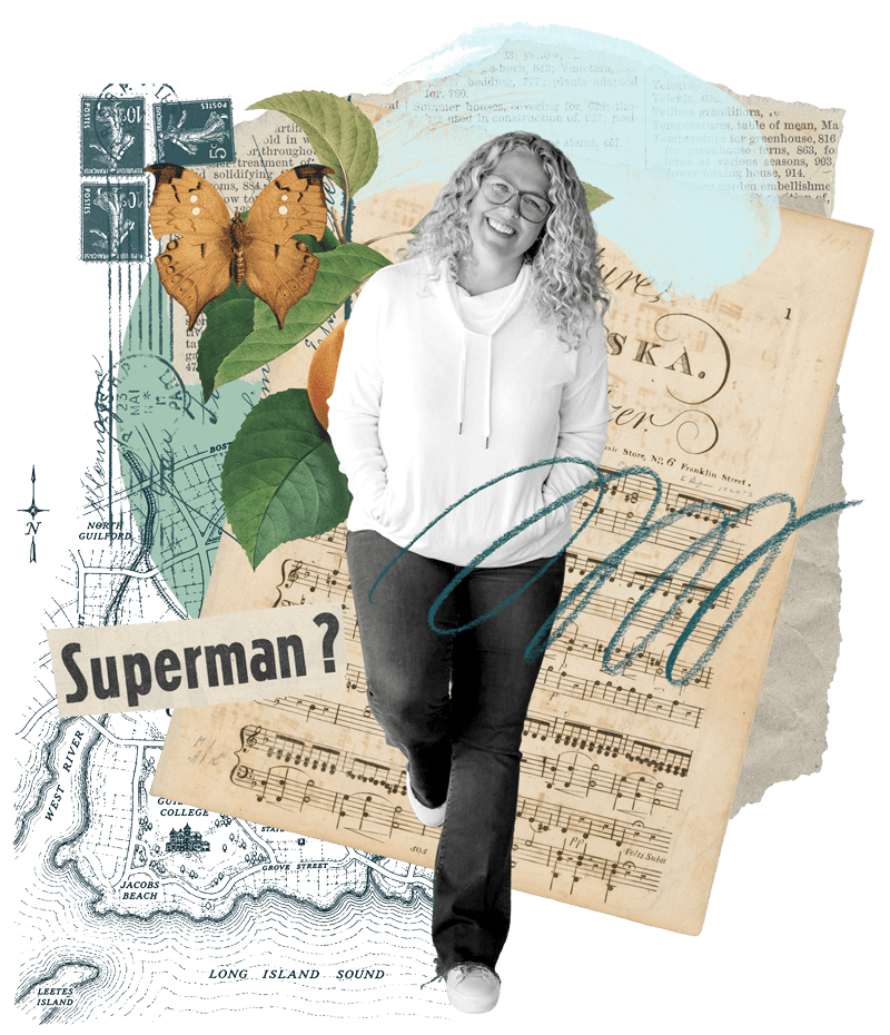 Julie Chenell, co-founder and strategist of Funnel Gorgeous, smiling and posed in a creative collage with botanical illustrations, sheet music, maps, and handwriting elements.