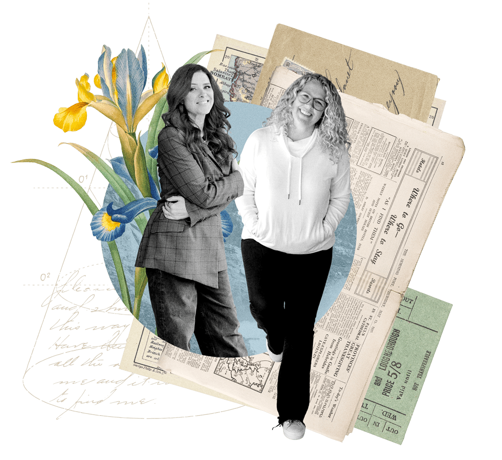 Cathy Olson and Julie Chenell, co-founders of Funnel Gorgeous, smiling together in a collage with colorful iris flowers and vintage newspaper clippings.