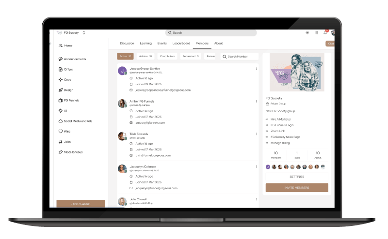 Laptop mockup showing the FG Society membership community interface.