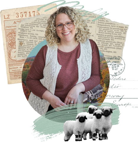 Julie Chenell, co-founder of Funnel Gorgeous, smiling in a white lace vest, surrounded by a vintage collage of handwritten letters, postage stamps, a farmhouse, and fluffy sheep.