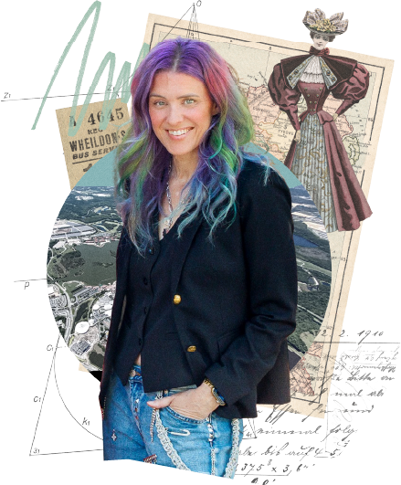 Cathy Olson, co-founder of Funnel Gorgeous, smiling in a black blazer with colorful hair, surrounded by a vintage collage of an aerial map, a Victorian fashion illustration, and handwritten text.