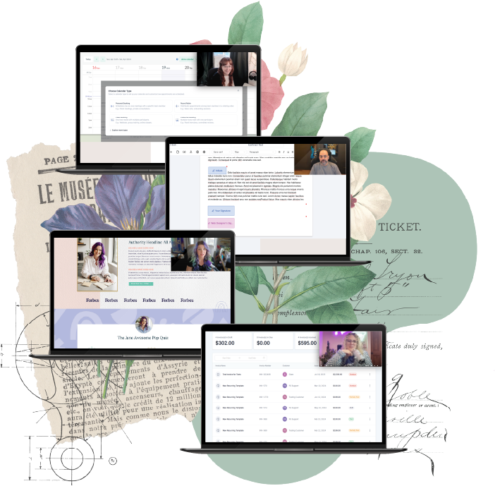 Multiple screens showing the FG Funnels platform, including a webinar page, a website builder, a pop-up form, and a revenue dashboard, layered in a collage with botanical illustrations and vintage paper.