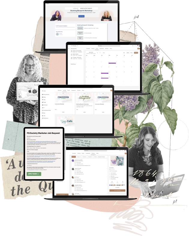 Julie on the left, and Cathy on the right, both browsing the FG Society platform on a laptop, with screens in between them showing a course dashboard, a calendar, and a booking blueprint workshop, surrounded by a botanical collage.