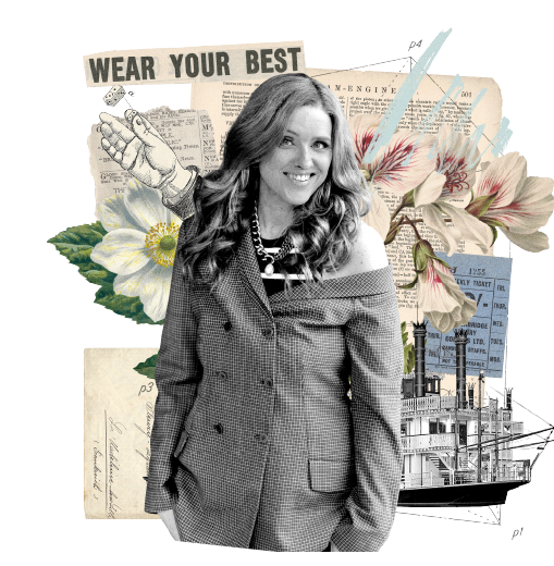 Cathy Olson, co-founder of Funnel Gorgeous and creative director, in a collage with a 'Wear Your Best' vintage advertisement and engineering diagrams.