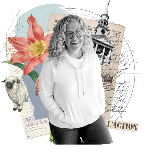 Julie Chenell, co-founder of Funnel Gorgeous and business strategist, in a collage with vintage architecture, a Valais blacknose sheep, and handwritten script.