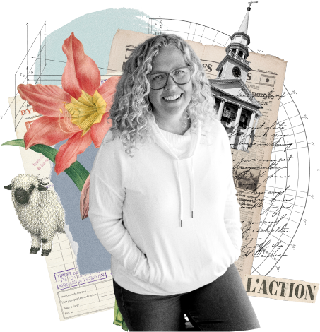 Julie Chenell, co-founder of Funnel Gorgeous and business strategist, in a collage with vintage architecture, a Valais blacknose sheep, and handwritten script.