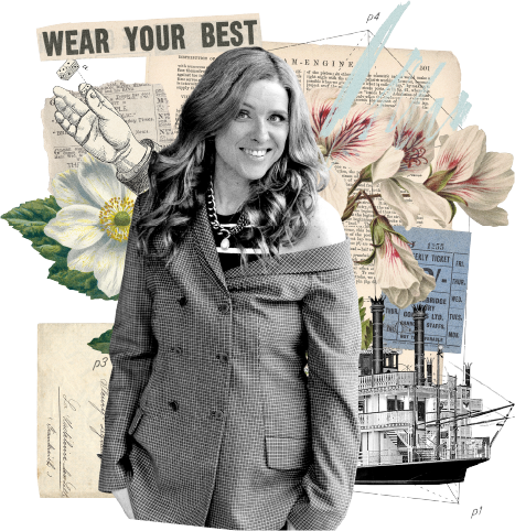 Cathy Olson, co-founder of Funnel Gorgeous and creative director, in a collage with a 'Wear Your Best' vintage advertisement and engineering diagrams.