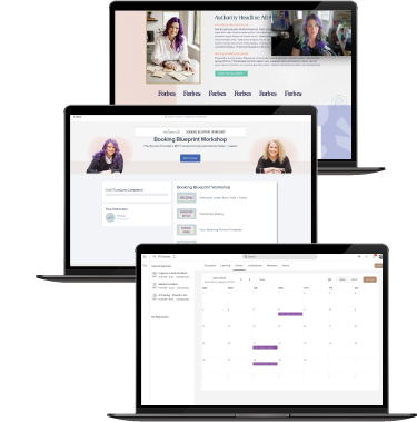 Three laptop screens showing FG Society member content, including a live training session, a Booking Blueprint workshop, and a community calendar.