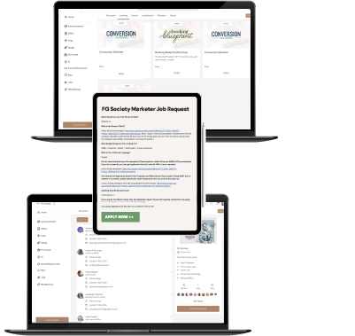 Three laptop and tablet screens showing FG Society membership features: course library with Conversion Marketer and Booking Blueprint courses, an FG Society Marketer job request form, and a community discussion feed.