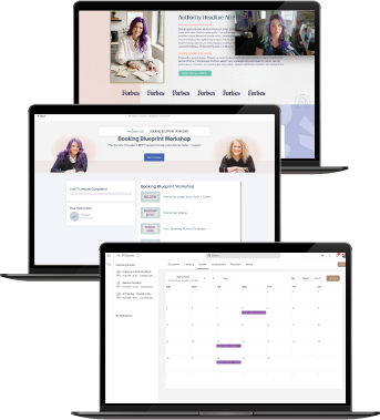 Three laptop screens showing FG Society member content, including a live training session, a Booking Blueprint workshop, and a community calendar.