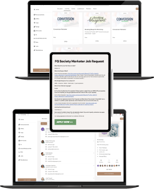 Three laptop and tablet screens showing FG Society membership features: course library with Conversion Marketer and Booking Blueprint courses, an FG Society Marketer job request form, and a community discussion feed.