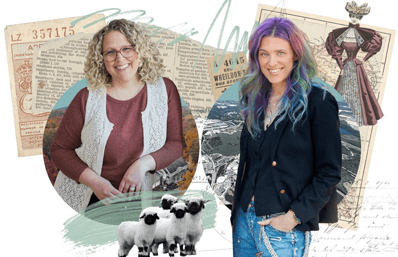 Julie Chenell, co-founder of Funnel Gorgeous, smiling in a white lace vest, surrounded by a vintage collage of handwritten letters, postage stamps, a farmhouse, and fluffy sheep.