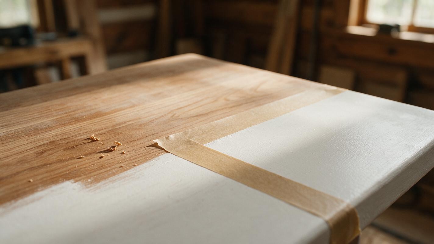 Close-up of sanded and primed wood surface showing preparation work before finishing