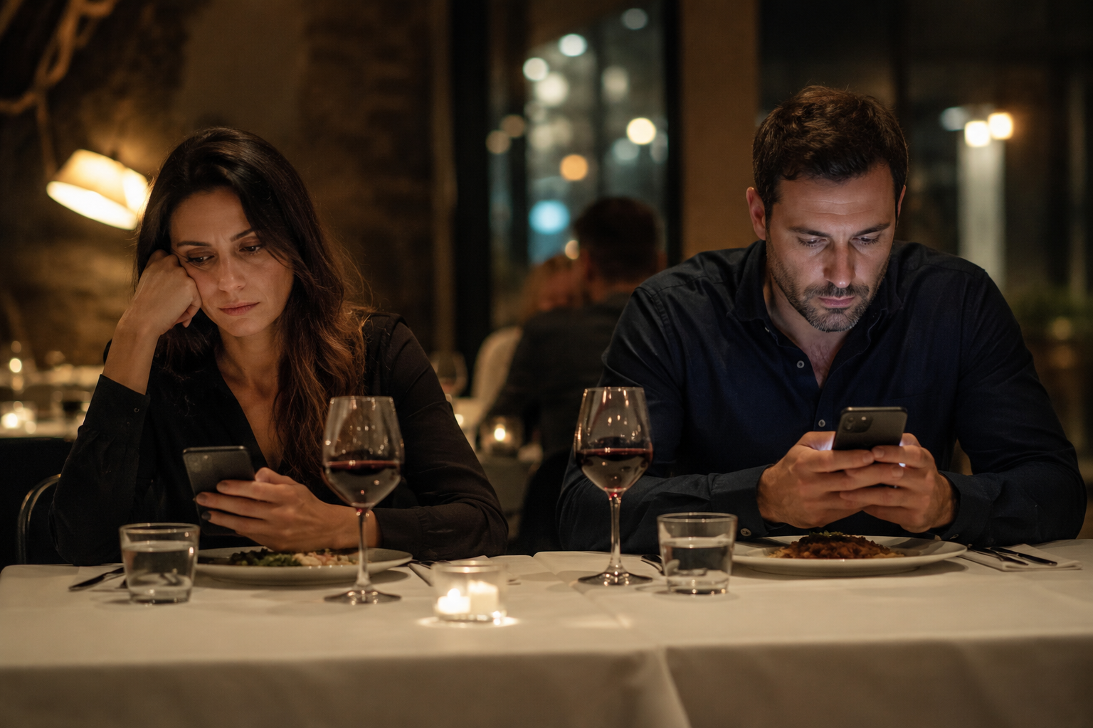Disconnected couple sitting together on a date night