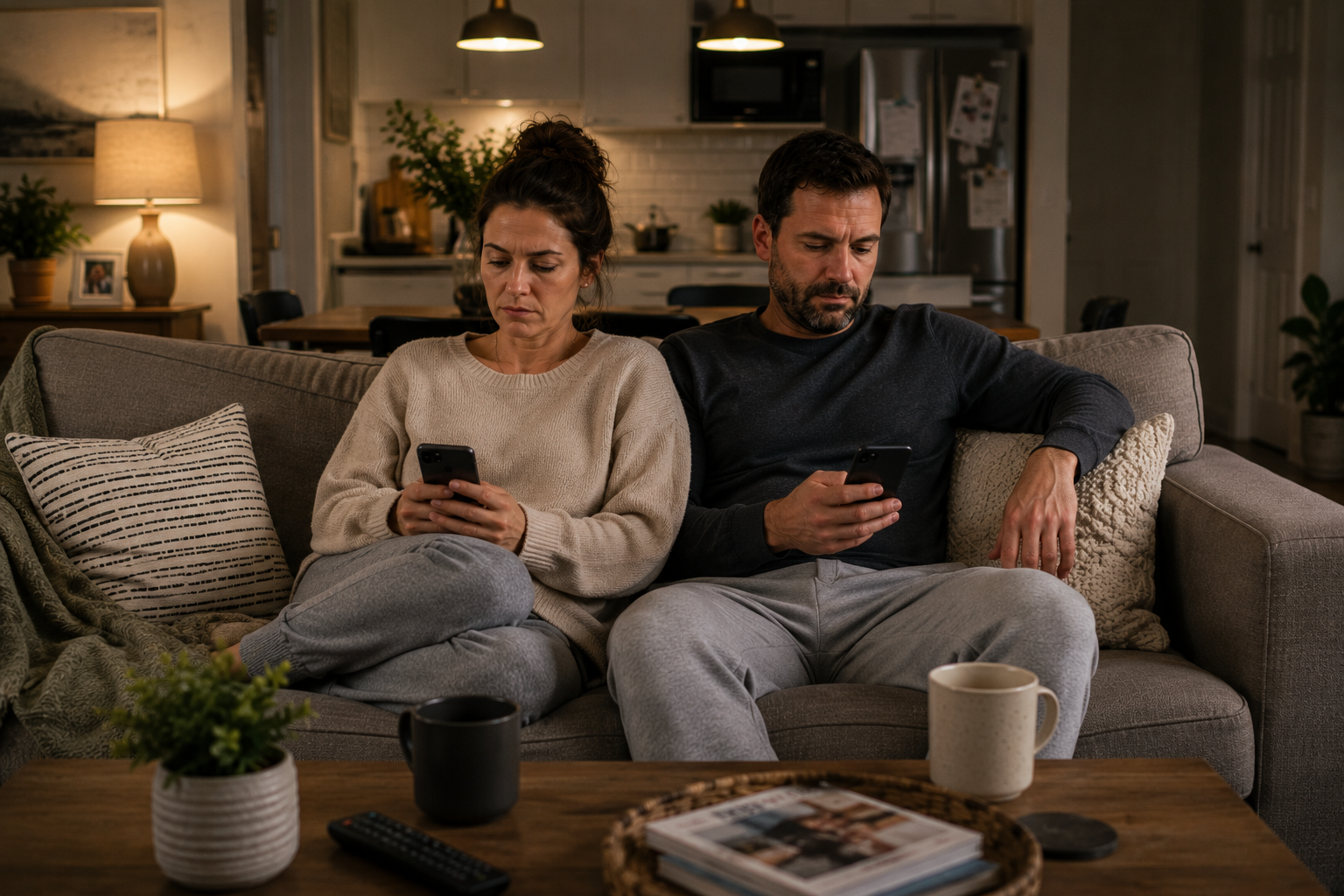 Couple sitting together but feeling emotionally disconnected