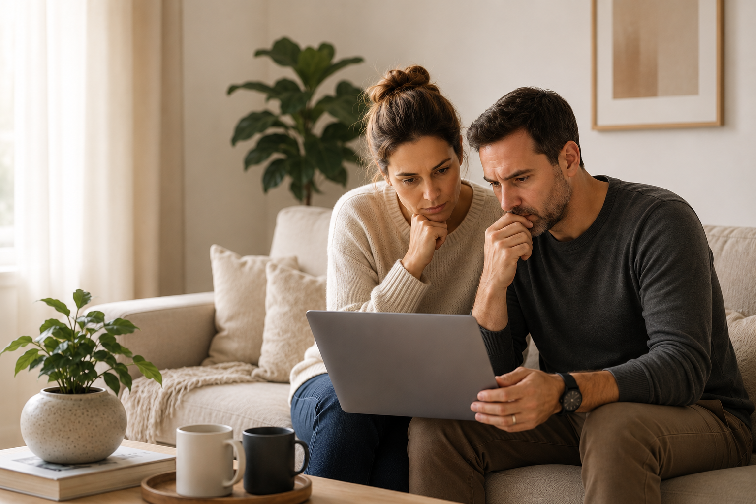 Couple reading information together