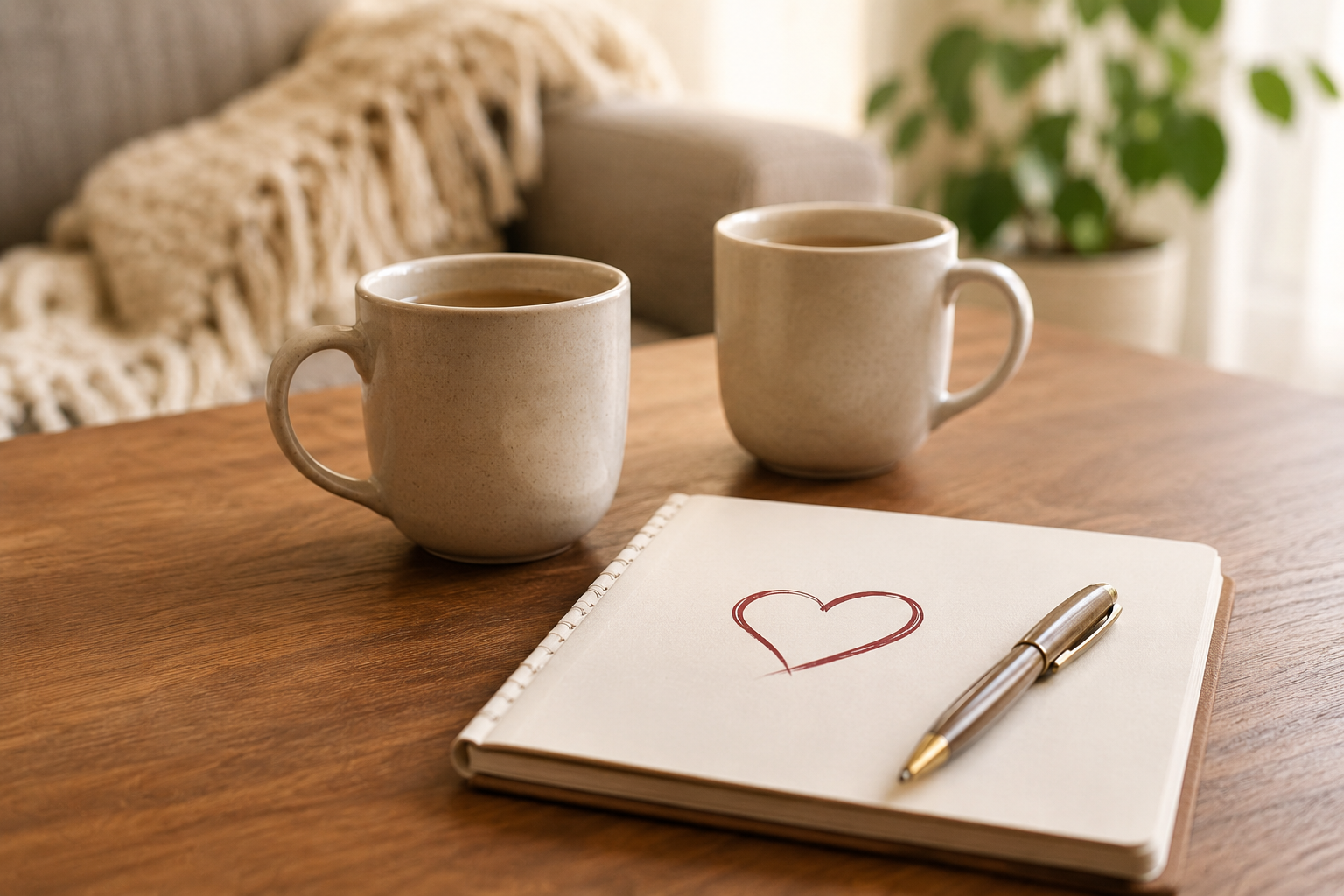 Two mugs and a notebook representing the Relationship Reality Check quiz