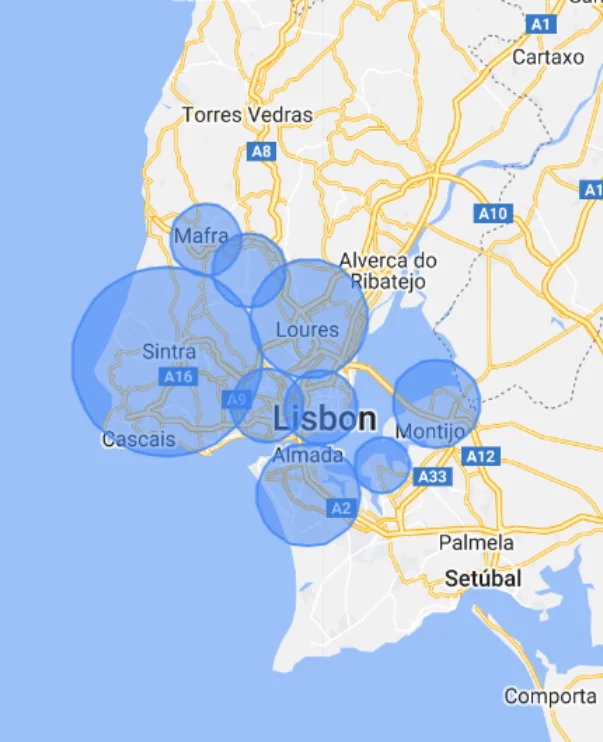 Imagem das localidades da Grande Lisboa e Margem Sul onde a MP Reparações atua